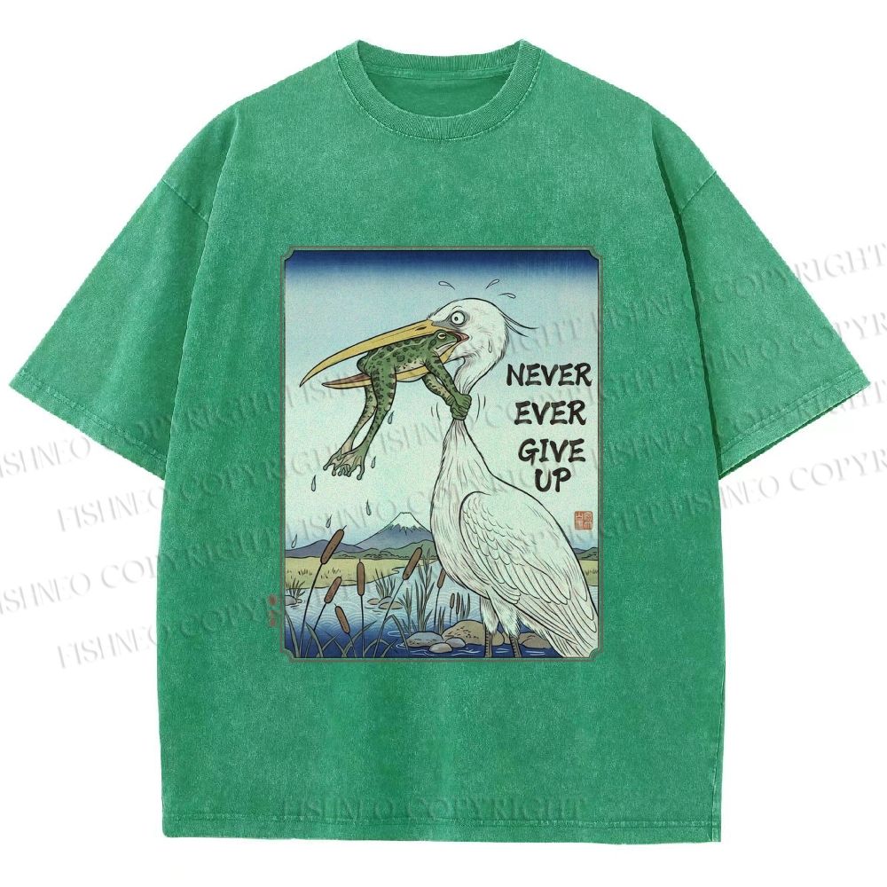 Unisex Never Ever Give Up Frog Printed Washed Tee