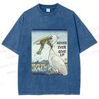 Unisex Never Ever Give Up Frog Printed Washed Tee