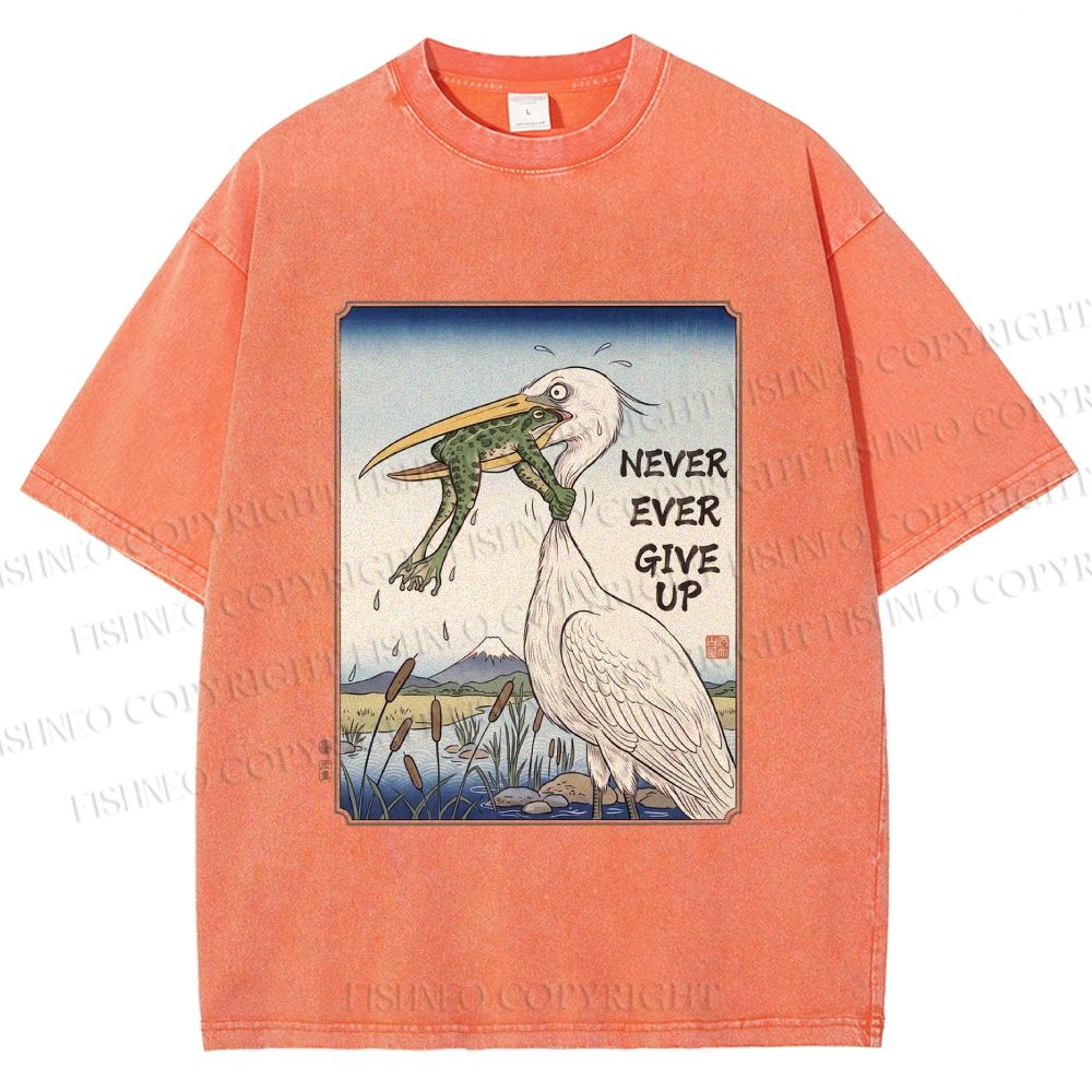 Unisex Never Ever Give Up Frog Printed Washed Tee