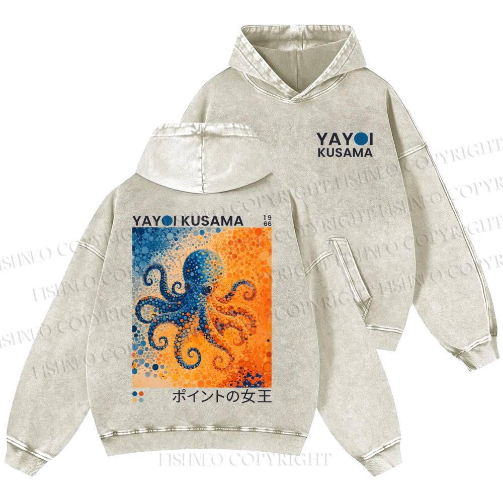 Unisex Yayoi Kusama Blue And Orange Octopus Casual Printed Double-sided Washed Hoodie