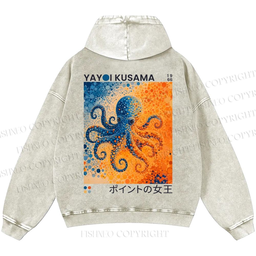 Unisex Yayoi Kusama Blue And Orange Octopus Casual Printed Double-sided Washed Hoodie