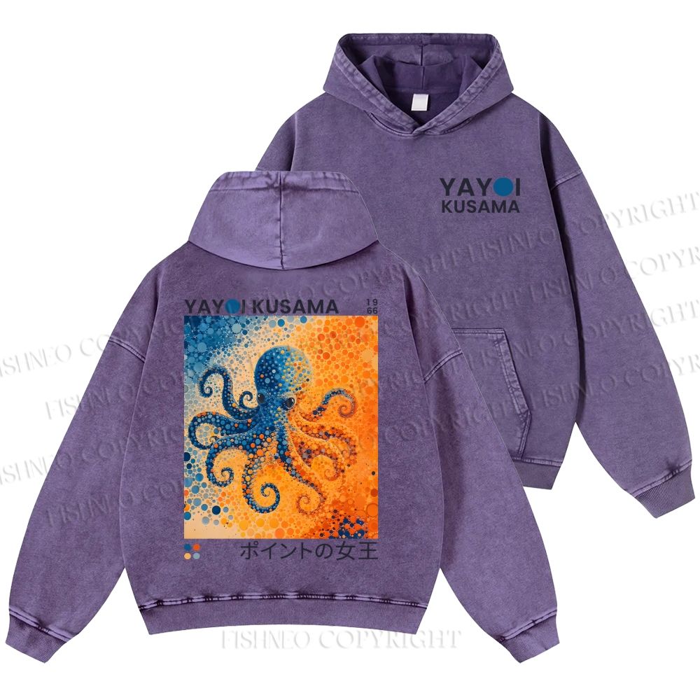 Unisex Yayoi Kusama Blue And Orange Octopus Casual Printed Double-sided Washed Hoodie