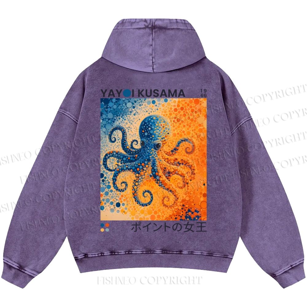 Unisex Yayoi Kusama Blue And Orange Octopus Casual Printed Double-sided Washed Hoodie