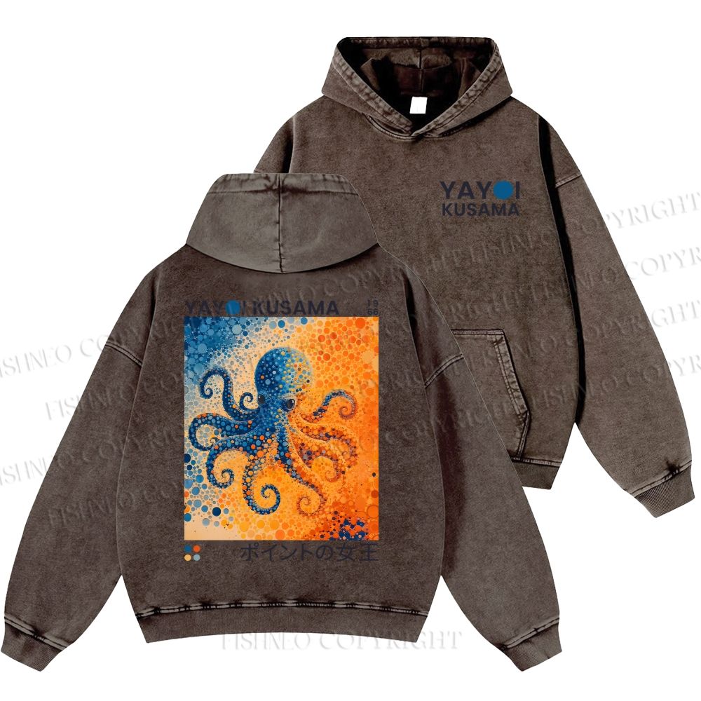Unisex Yayoi Kusama Blue And Orange Octopus Casual Printed Double-sided Washed Hoodie