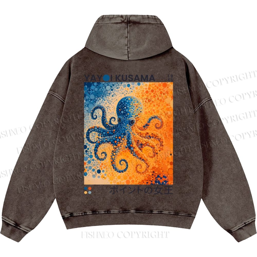 Unisex Yayoi Kusama Blue And Orange Octopus Casual Printed Double-sided Washed Hoodie