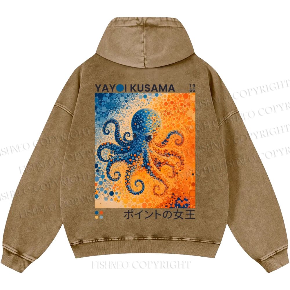 Unisex Yayoi Kusama Blue And Orange Octopus Casual Printed Double-sided Washed Hoodie