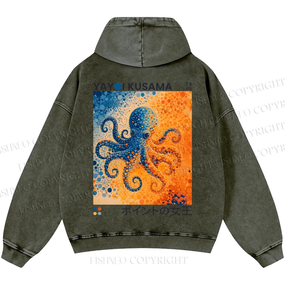 Unisex Yayoi Kusama Blue And Orange Octopus Casual Printed Double-sided Washed Hoodie
