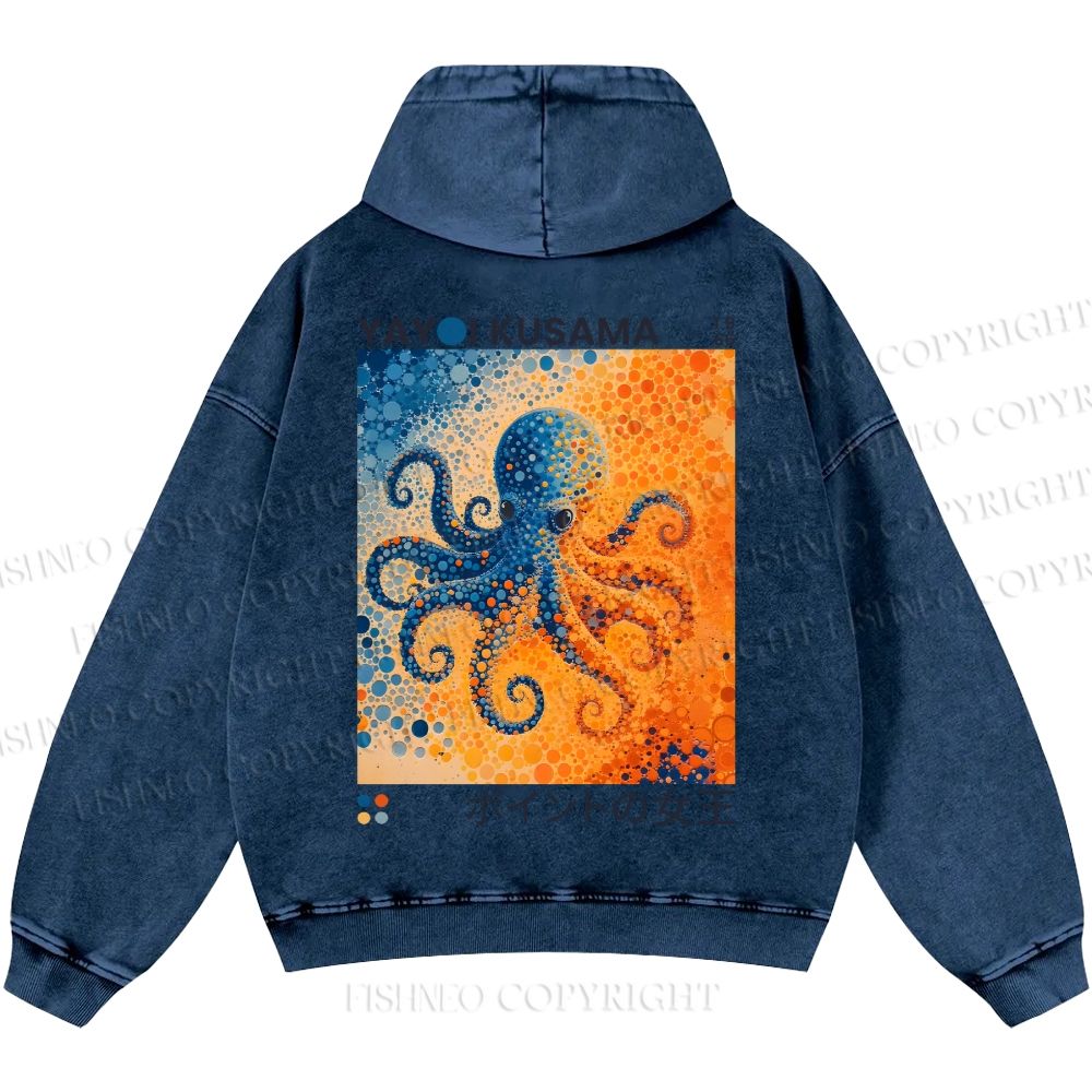 Unisex Yayoi Kusama Blue And Orange Octopus Casual Printed Double-sided Washed Hoodie