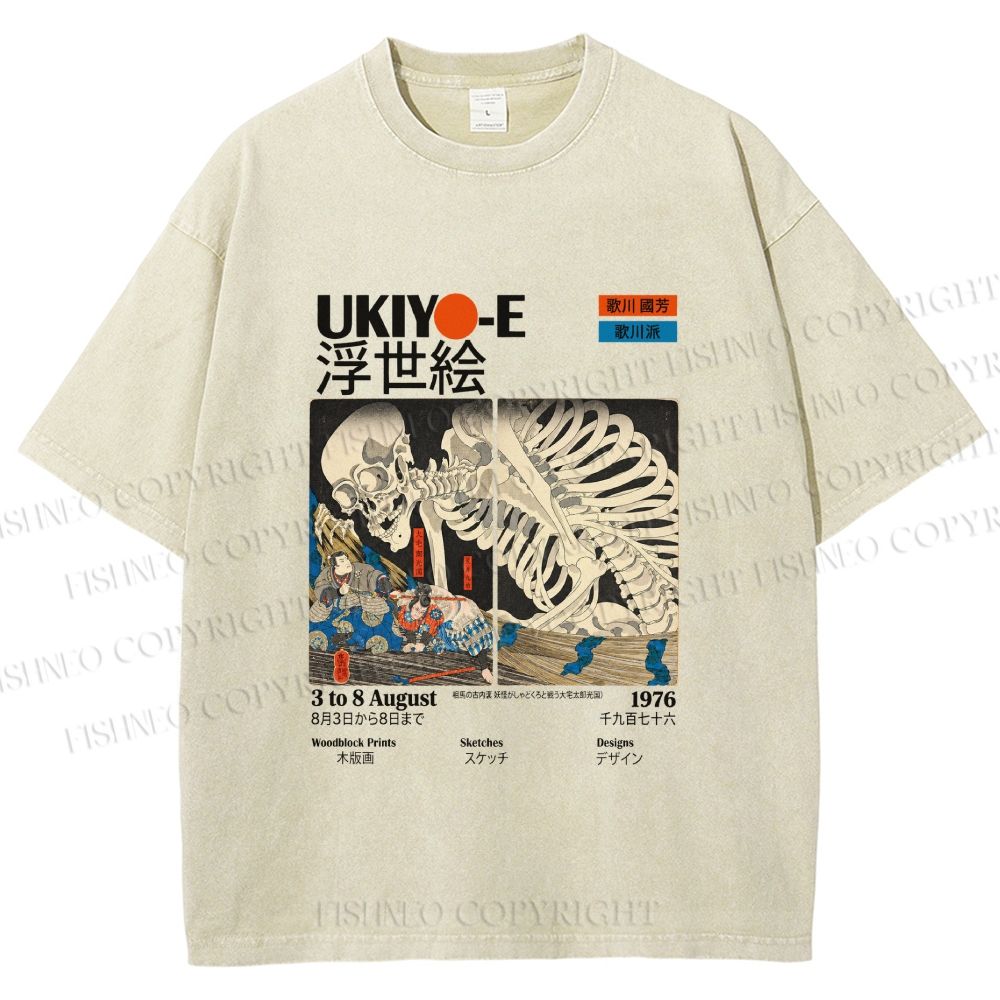 Unisex Japanese Ukiyo-e Skeleton Printed Washed Tee