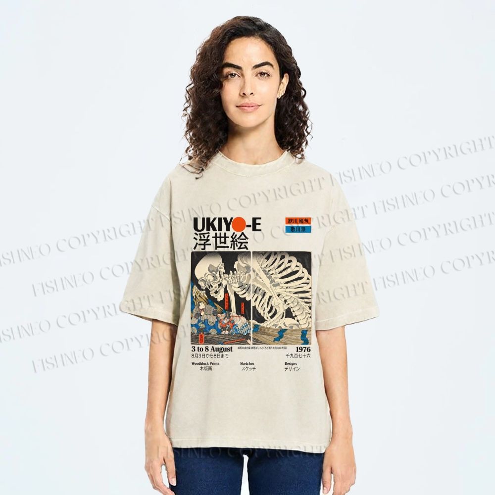 Unisex Japanese Ukiyo-e Skeleton Printed Washed Tee