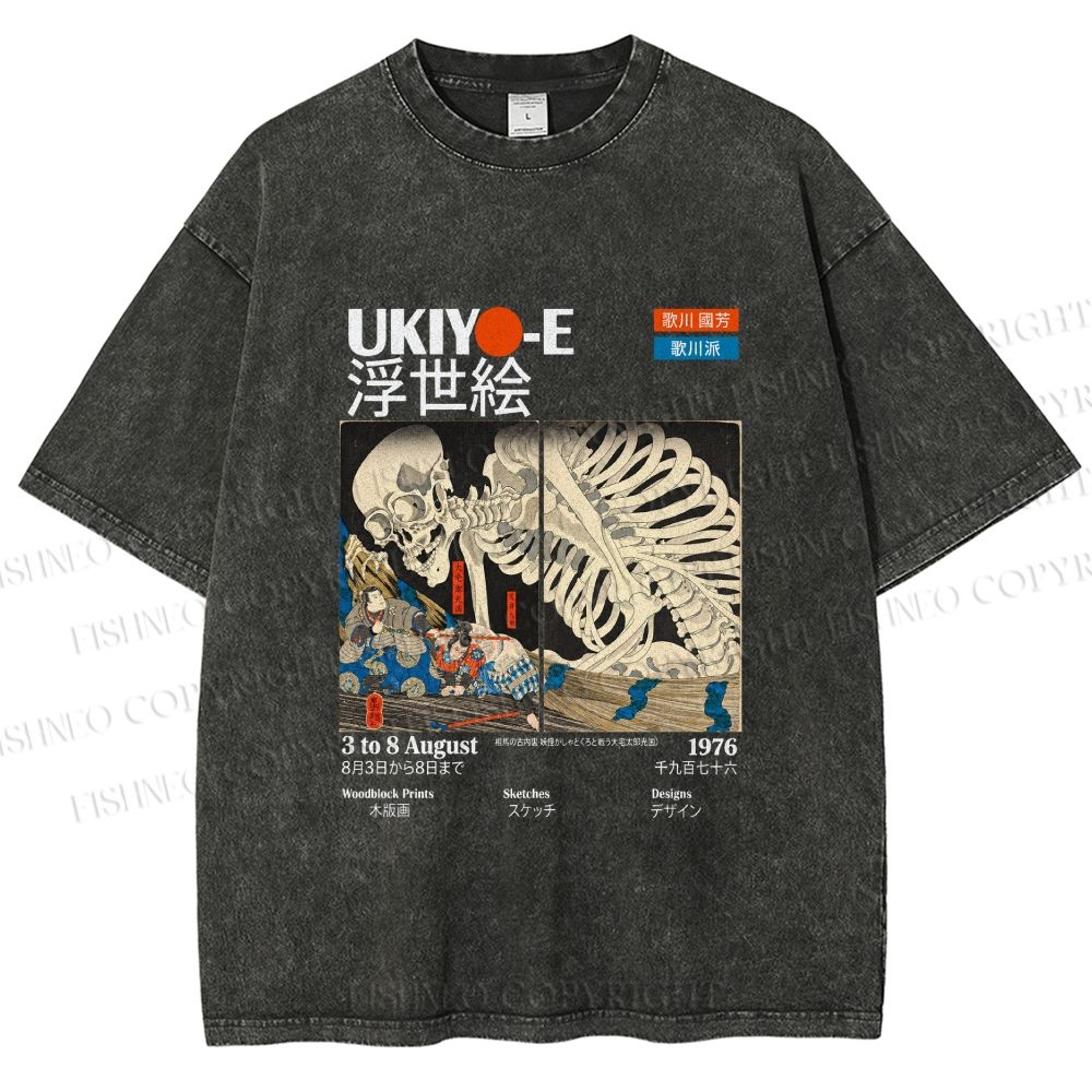 Unisex Japanese Ukiyo-e Skeleton Printed Washed Tee