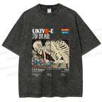 Unisex Japanese Ukiyo-e Skeleton Printed Washed Tee