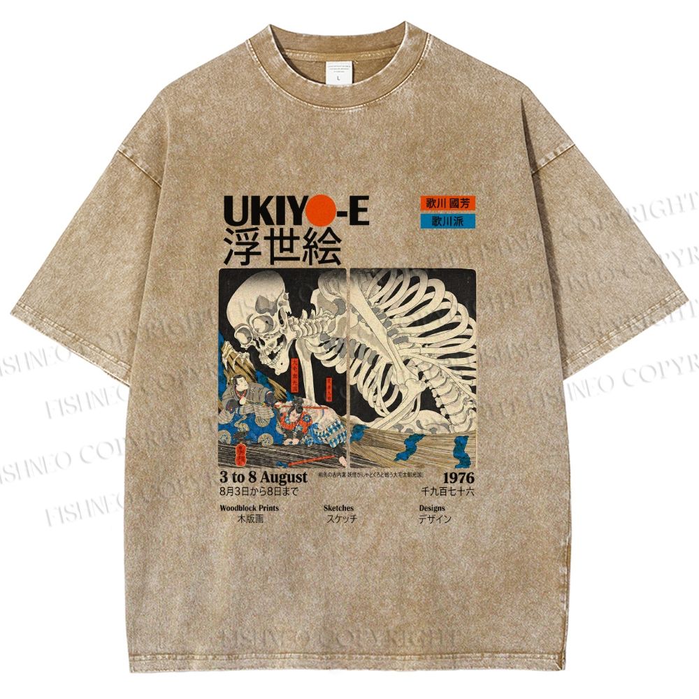 Unisex Japanese Ukiyo-e Skeleton Printed Washed Tee