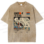 Unisex Japanese Ukiyo-e Skeleton Printed Washed Tee