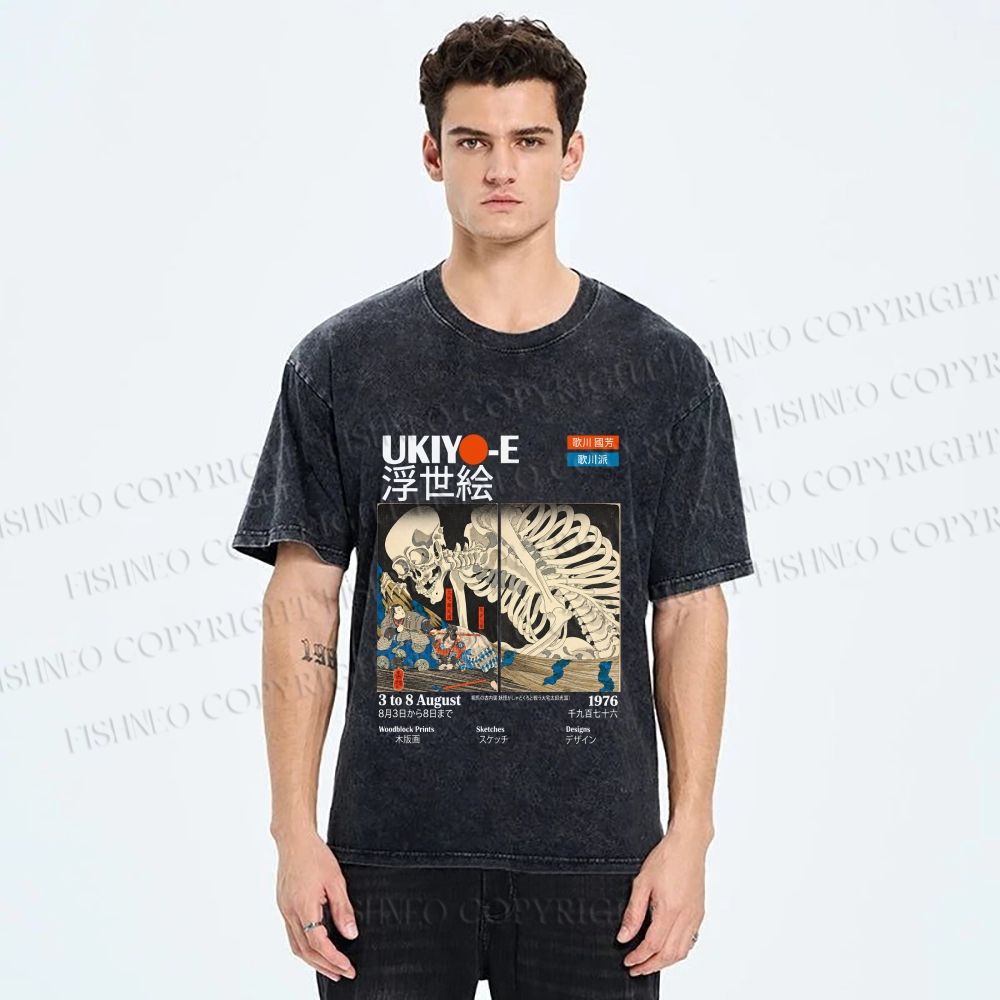 Unisex Japanese Ukiyo-e Skeleton Printed Washed Tee