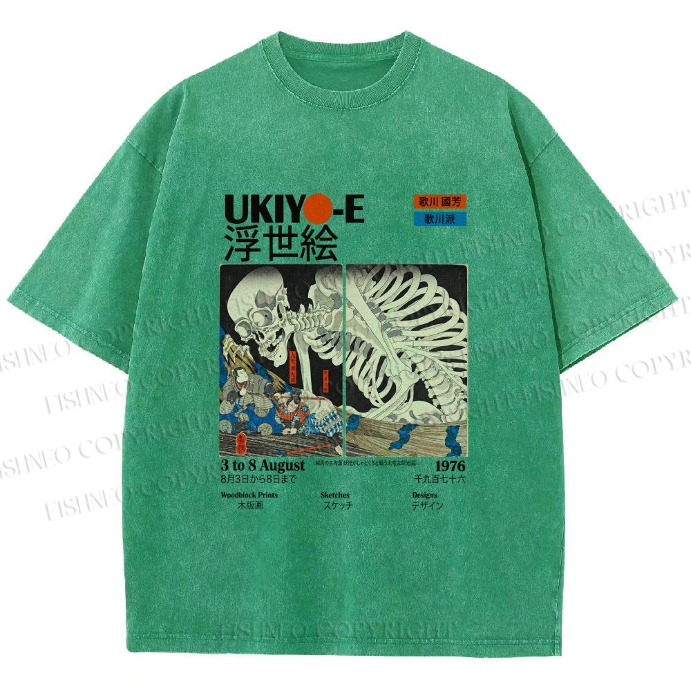 Unisex Japanese Ukiyo-e Skeleton Printed Washed Tee