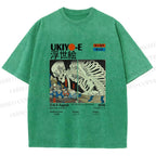Unisex Japanese Ukiyo-e Skeleton Printed Washed Tee