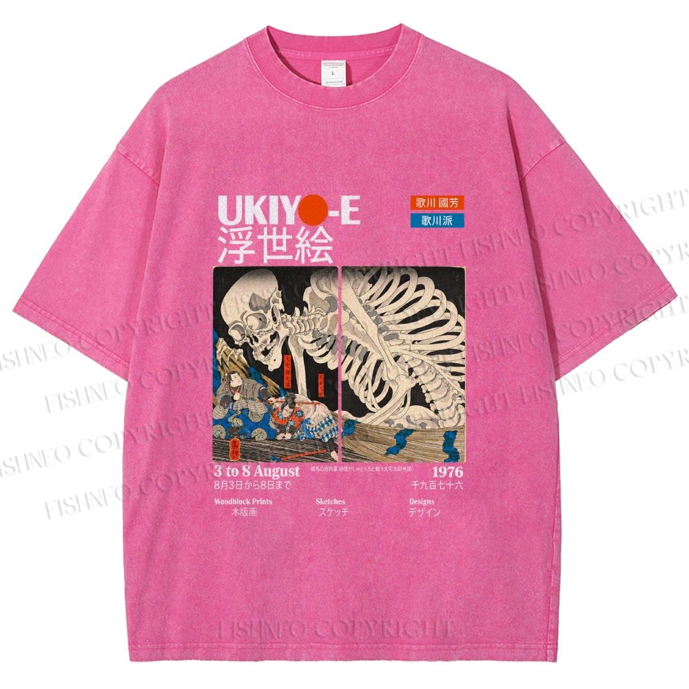 Unisex Japanese Ukiyo-e Skeleton Printed Washed Tee