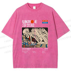 Unisex Japanese Ukiyo-e Skeleton Printed Washed Tee
