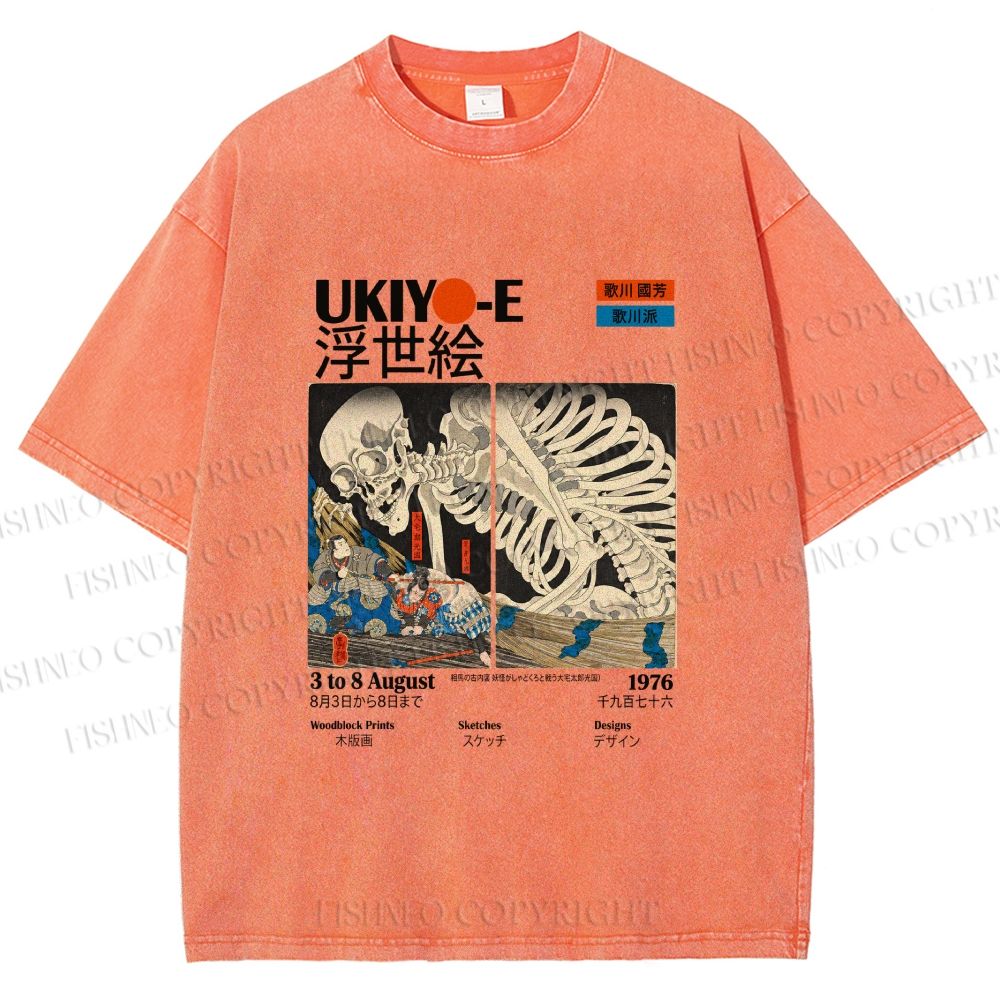 Unisex Japanese Ukiyo-e Skeleton Printed Washed Tee