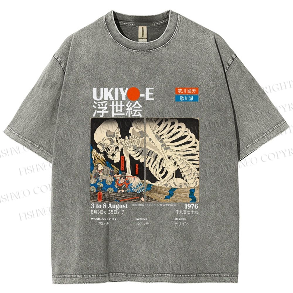 Unisex Japanese Ukiyo-e Skeleton Printed Washed Tee