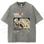 Unisex Japanese Ukiyo-e Skeleton Printed Washed Tee
