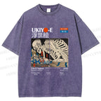 Unisex Japanese Ukiyo-e Skeleton Printed Washed Tee