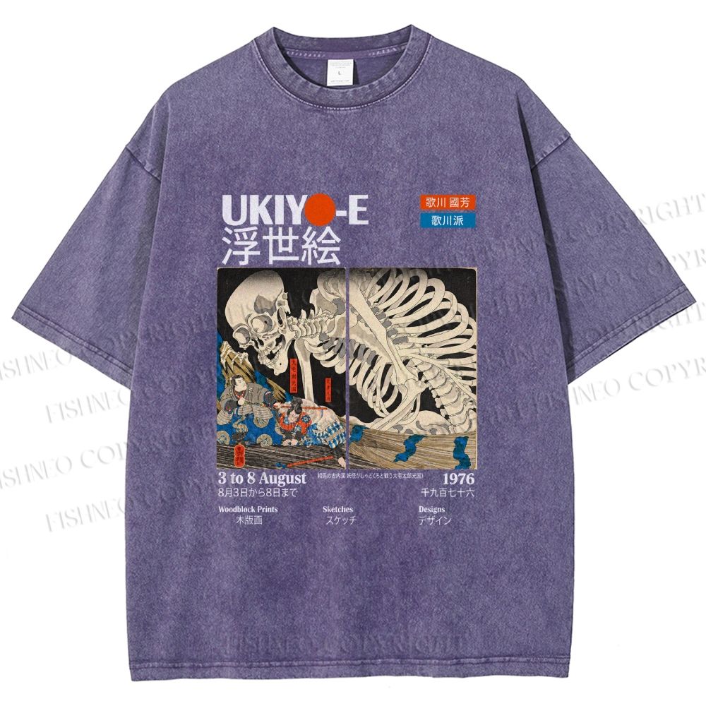 Unisex Japanese Ukiyo-e Skeleton Printed Washed Tee