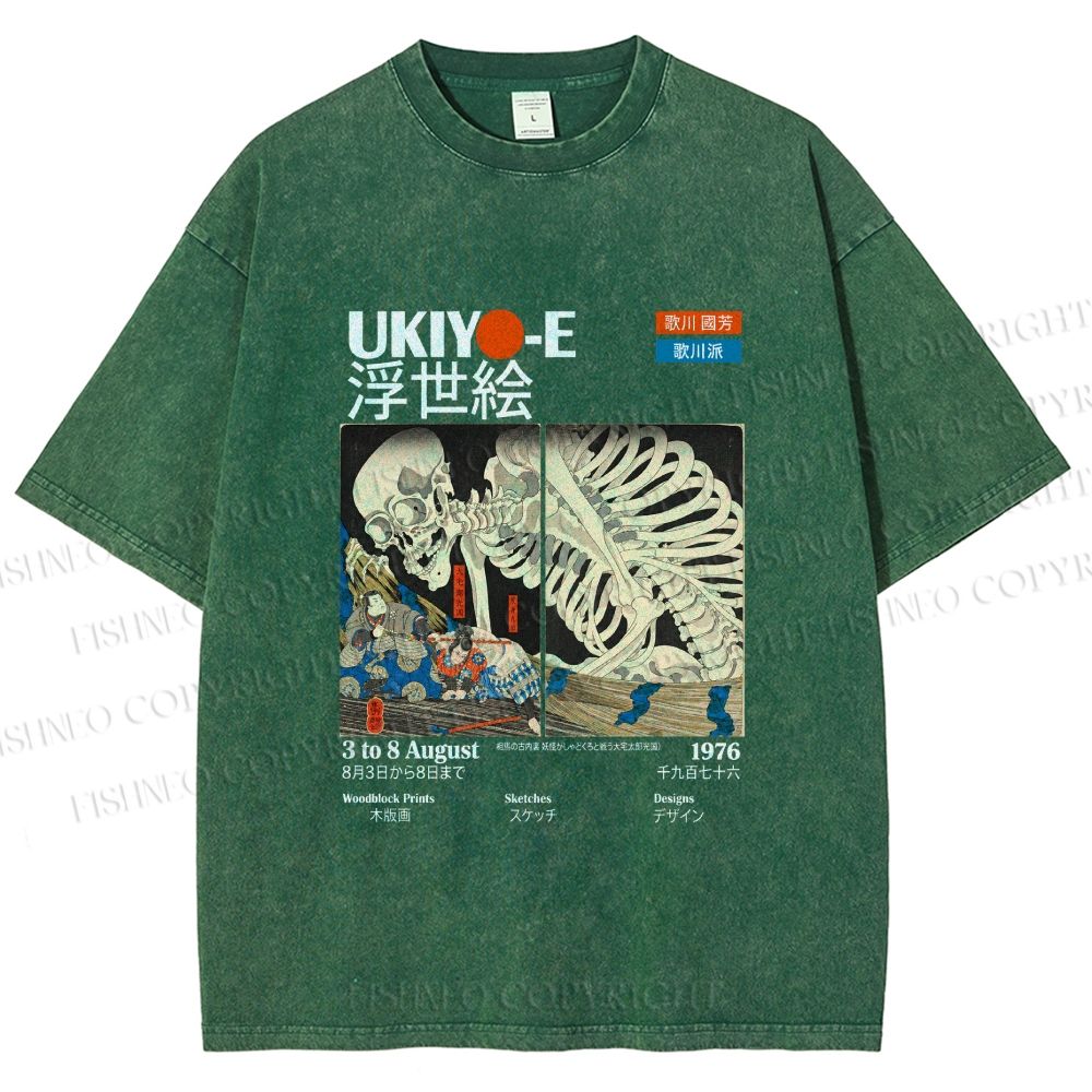 Unisex Japanese Ukiyo-e Skeleton Printed Washed Tee