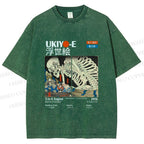 Unisex Japanese Ukiyo-e Skeleton Printed Washed Tee