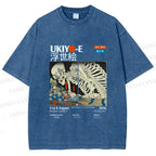 Unisex Japanese Ukiyo-e Skeleton Printed Washed Tee