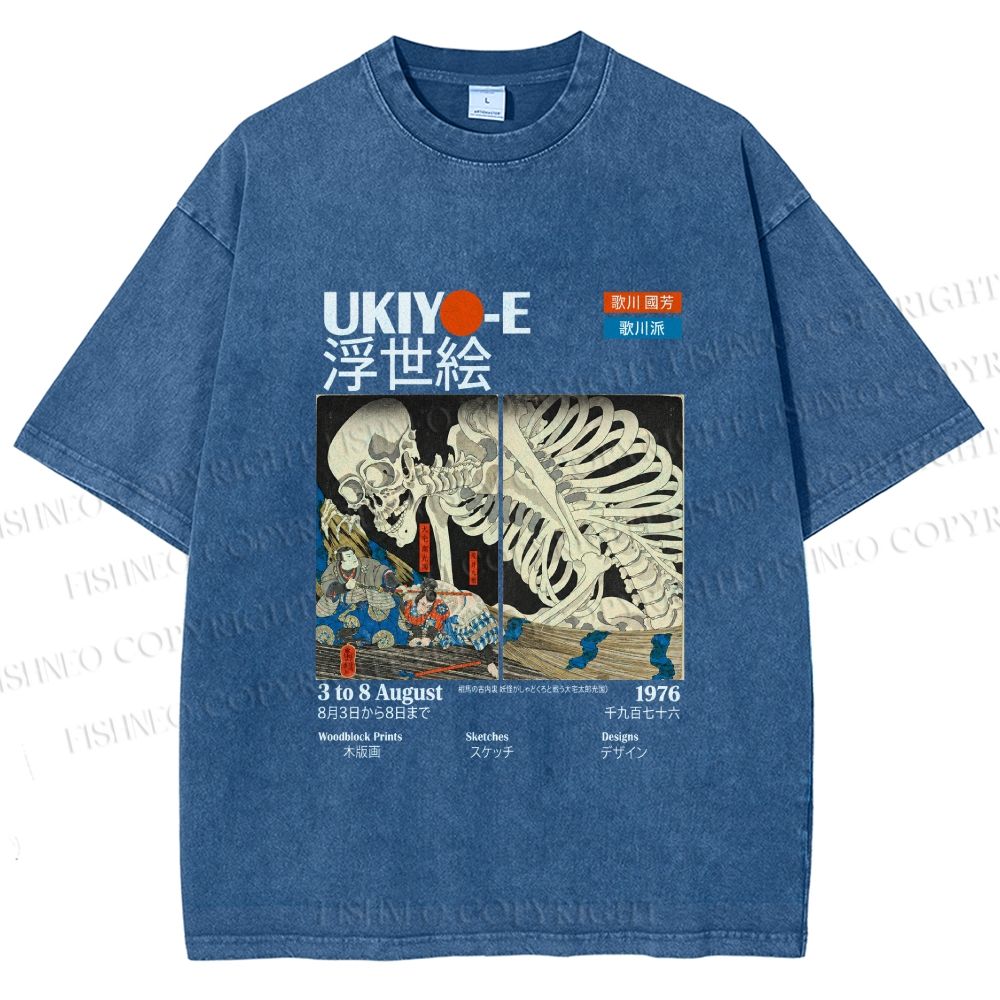 Unisex Japanese Ukiyo-e Skeleton Printed Washed Tee