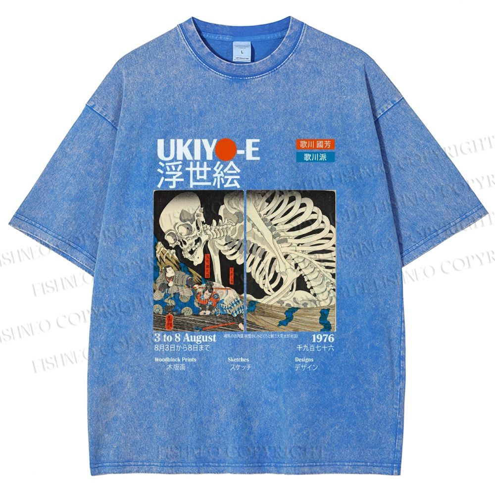 Unisex Japanese Ukiyo-e Skeleton Printed Washed Tee