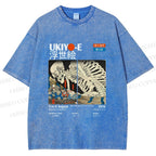 Unisex Japanese Ukiyo-e Skeleton Printed Washed Tee