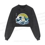 The Great Wave Off Whale Printed Washed Crop Sweatshirt