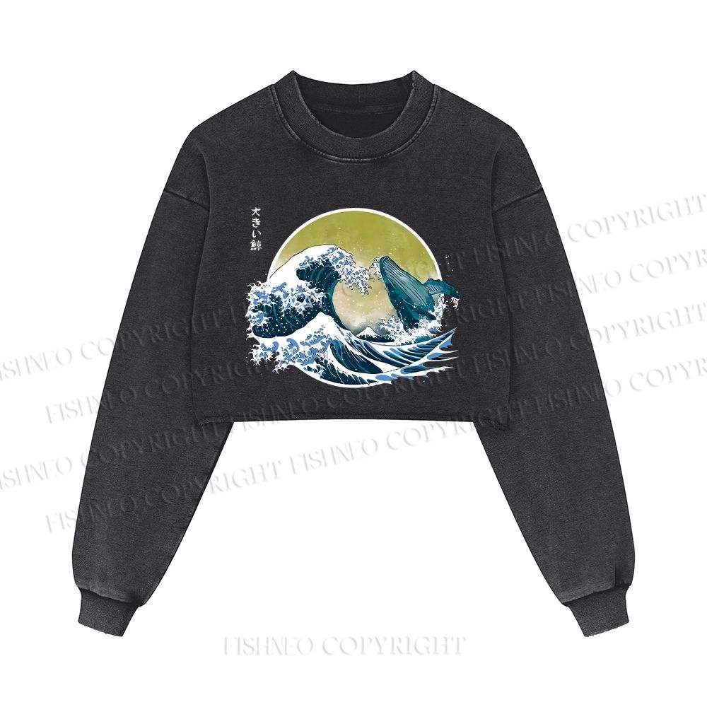 The Great Wave Off Whale Printed Washed Crop Sweatshirt