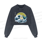 The Great Wave Off Whale Printed Washed Crop Sweatshirt