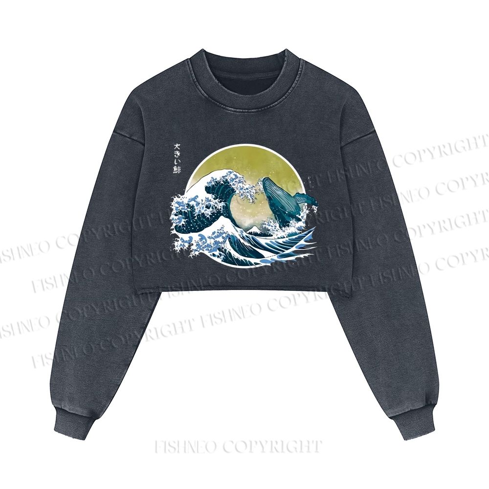 The Great Wave Off Whale Printed Washed Crop Sweatshirt