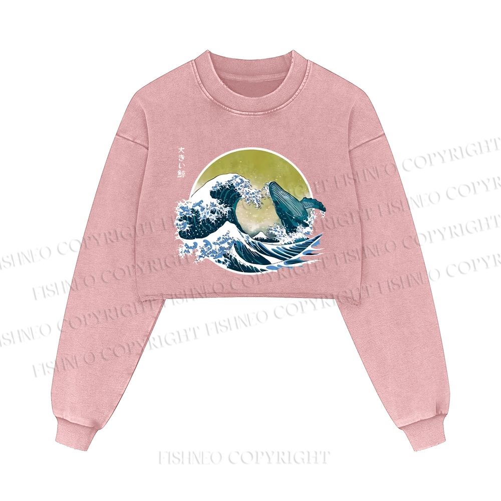 The Great Wave Off Whale Printed Washed Crop Sweatshirt
