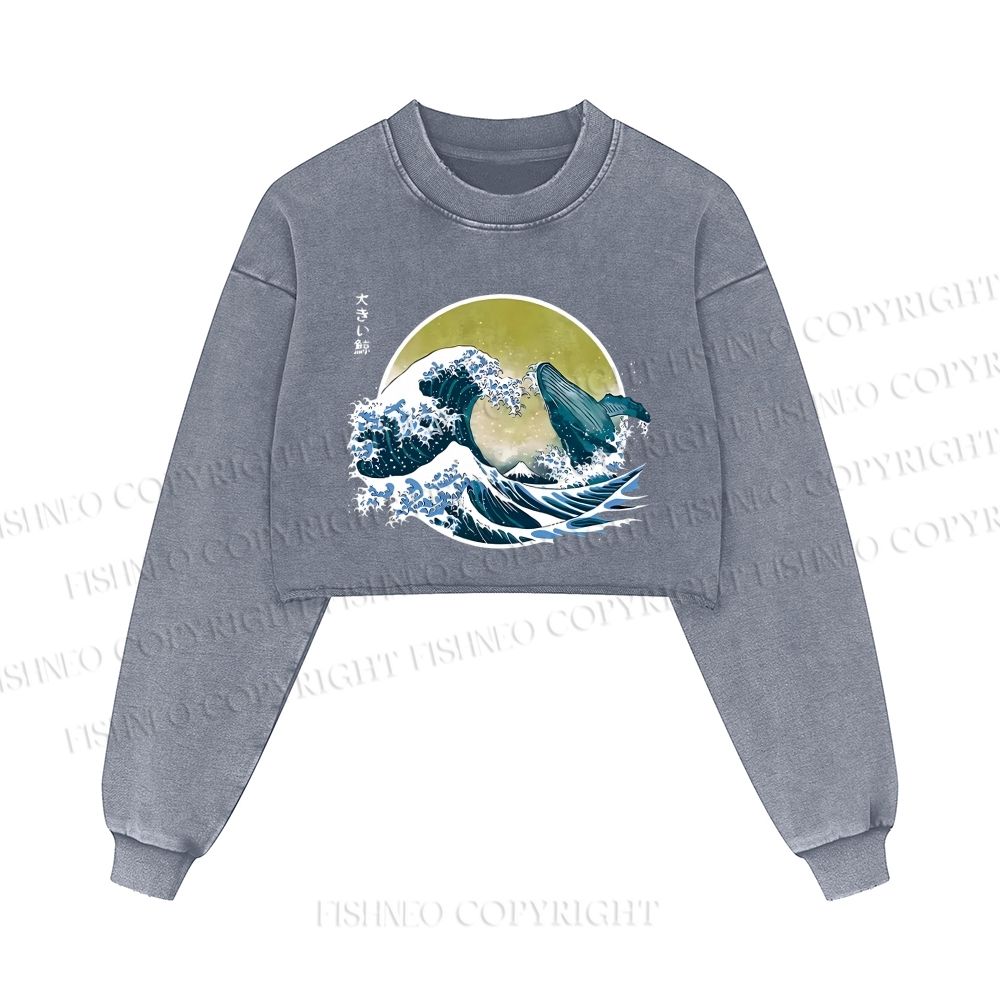 The Great Wave Off Whale Printed Washed Crop Sweatshirt