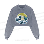 The Great Wave Off Whale Printed Washed Crop Sweatshirt