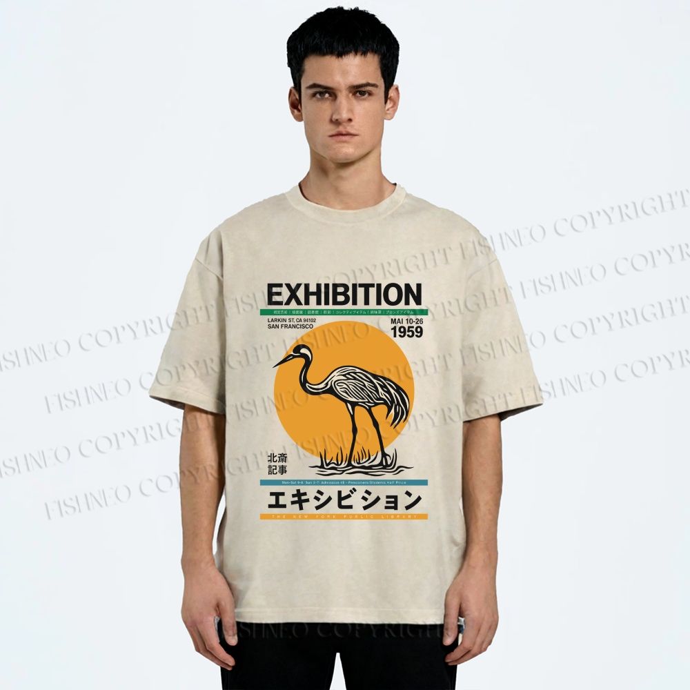 Unisex Japanese Crane Printed Washed Tee