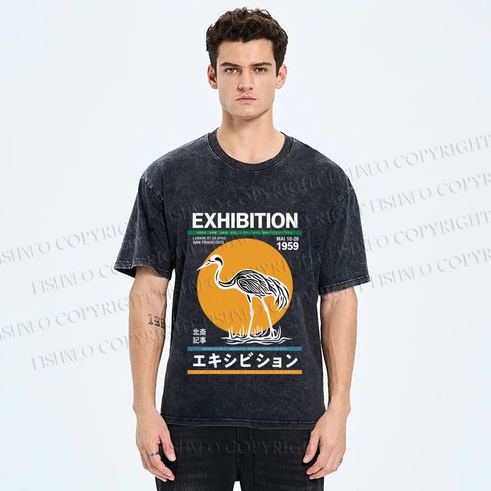 Unisex Japanese Crane Printed Washed Tee