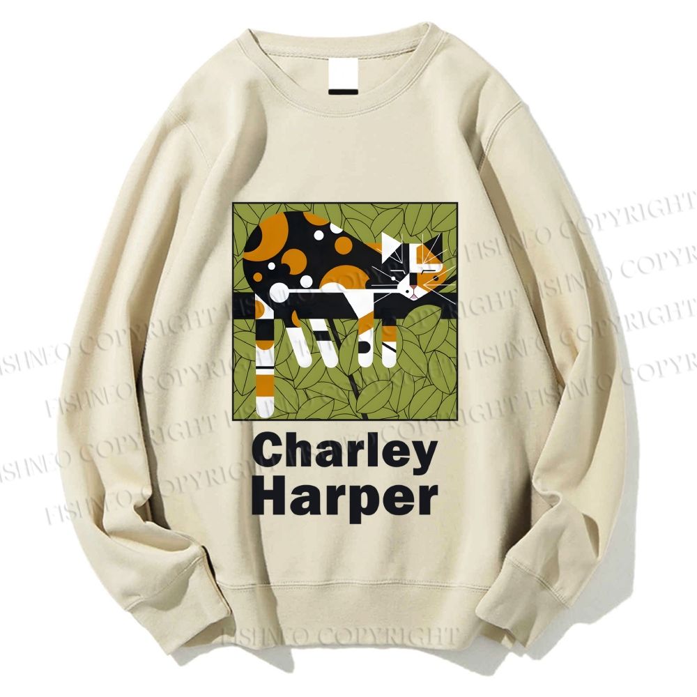 Unisex Charley Harper Geometric Cat Sleeping on Tree Printed Sweatshirt