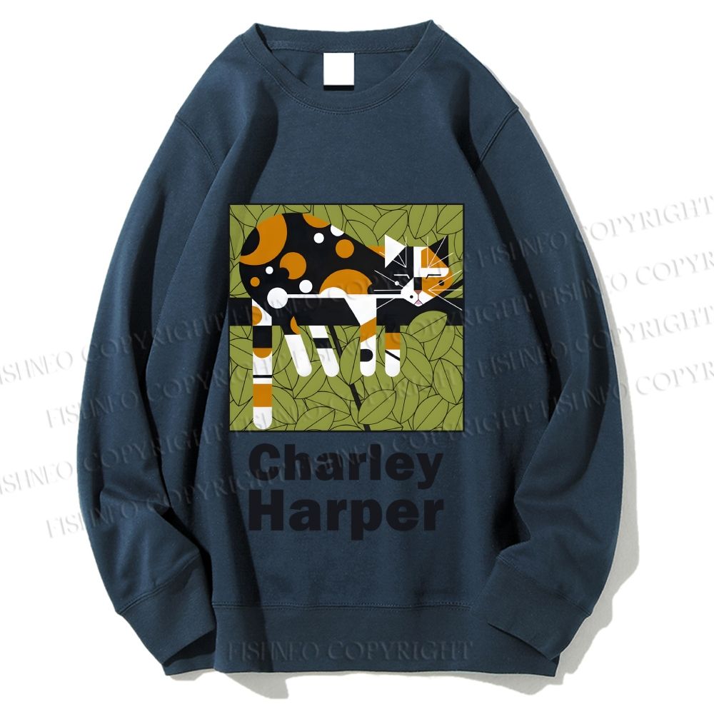 Unisex Charley Harper Geometric Cat Sleeping on Tree Printed Sweatshirt