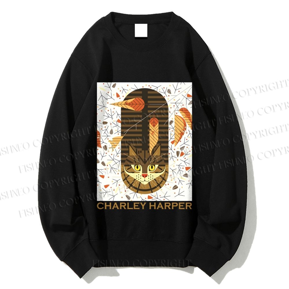 Unisex Charley Harper Geometric Cat in Autum Printed Sweatshirt