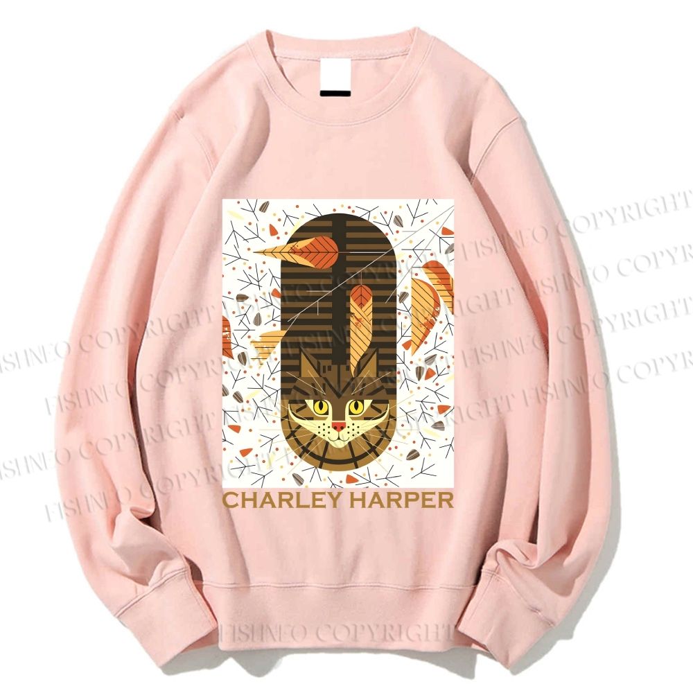 Unisex Charley Harper Geometric Cat in Autum Printed Sweatshirt