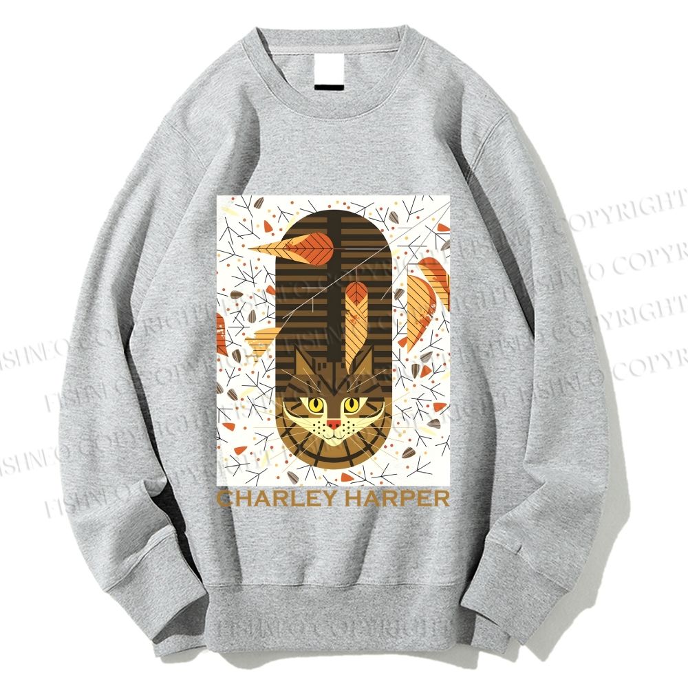 Unisex Charley Harper Geometric Cat in Autum Printed Sweatshirt