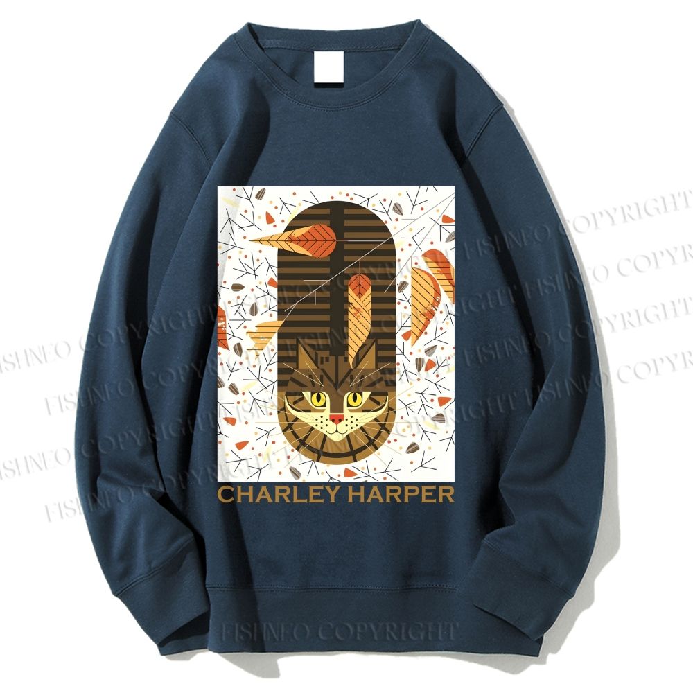 Unisex Charley Harper Geometric Cat in Autum Printed Sweatshirt
