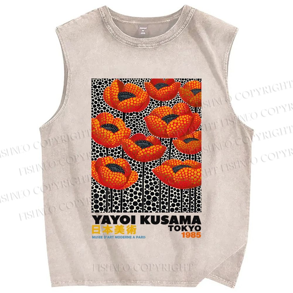 Unisex Yayoi Kusama Red Flowers Printed Washed Tank Top